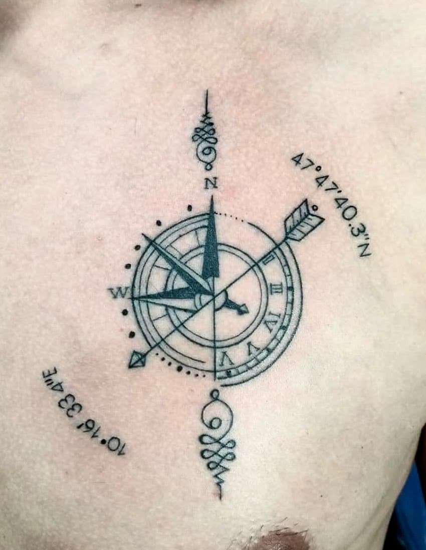 Compass with coordinates tattoo on the chest